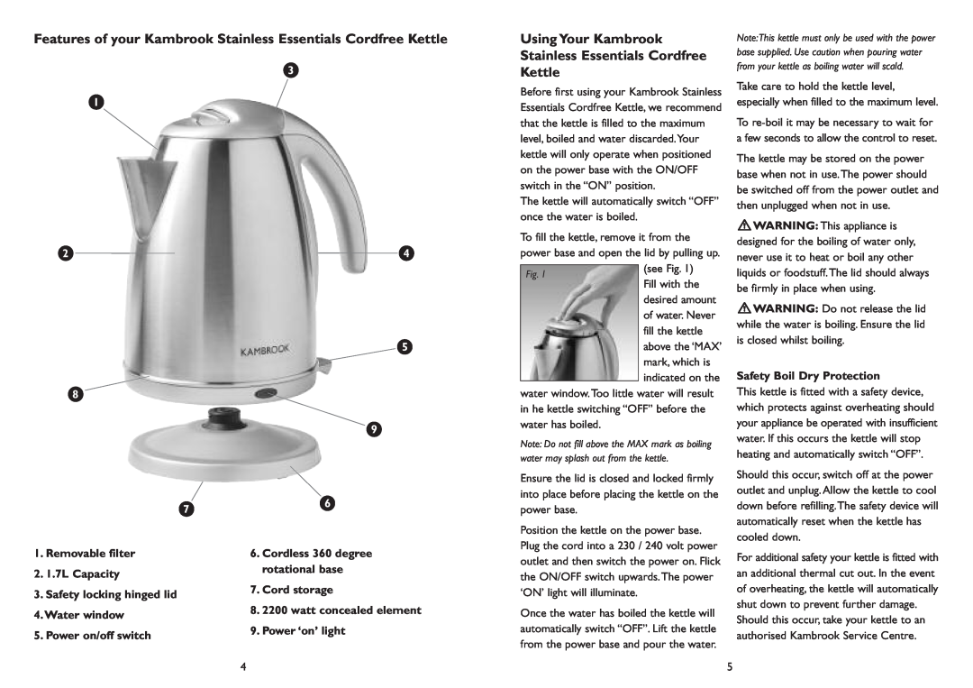 Kambrook KSK90 manual Features of your Kambrook Stainless Essentials Cordfree Kettle, Removable filter 2. 1.7L Capacity 
