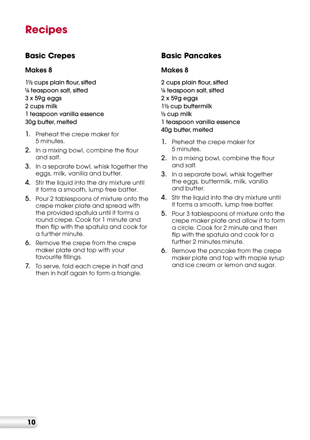 Kambrook KSM1CR warranty Recipes, Basic Crepes 