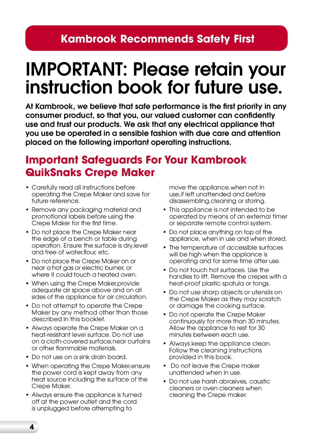 Kambrook KSM1CR warranty Important Please retain your instruction book for future use 