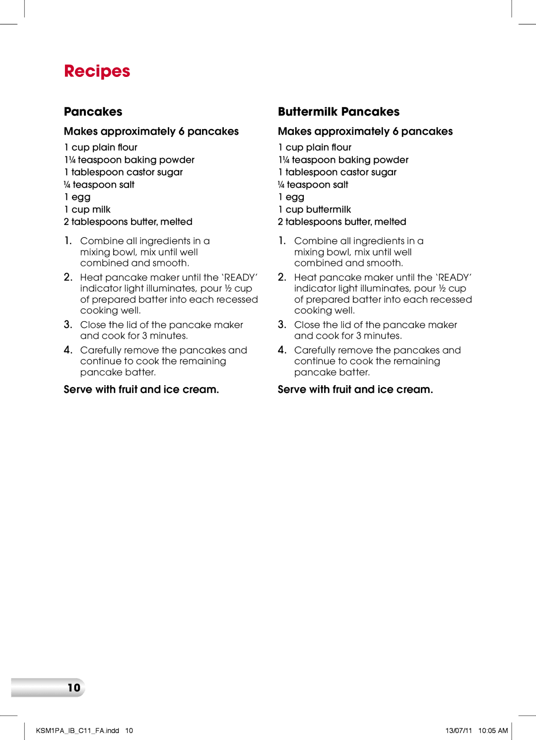 Kambrook KSM1PA manual Recipes, Buttermilk Pancakes 