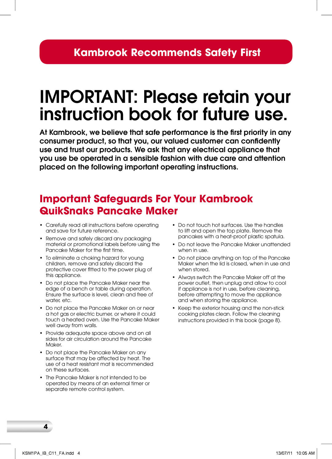 Kambrook KSM1PA manual Important Please retain your instruction book for future use 