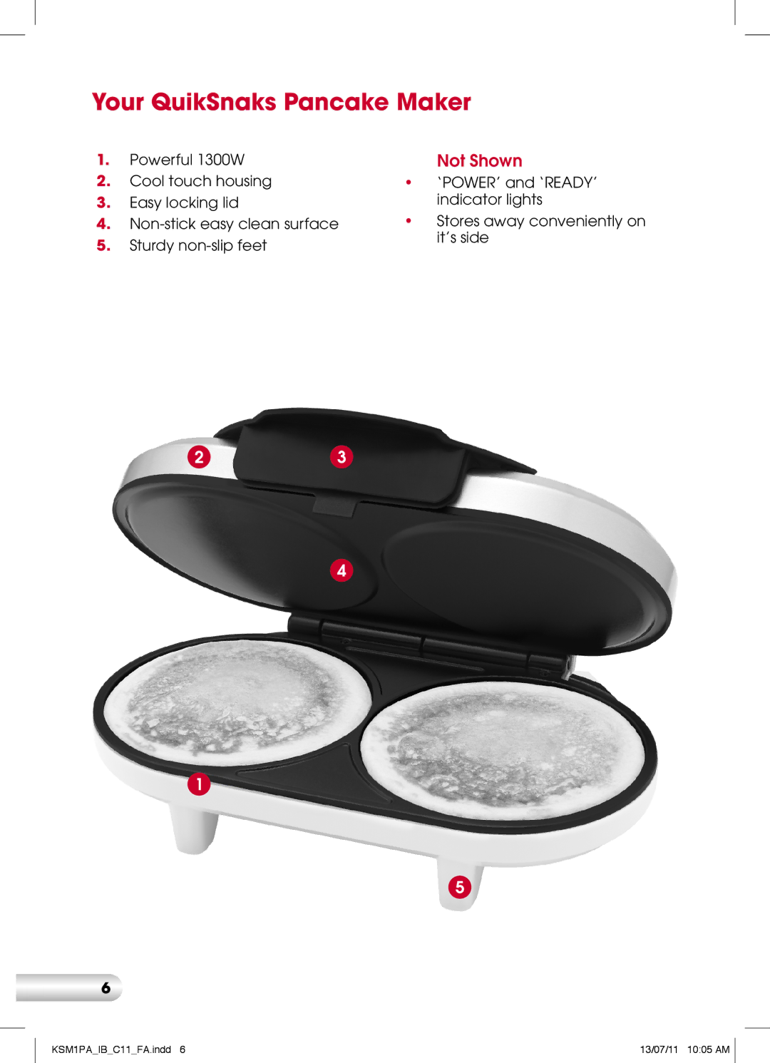 Kambrook KSM1PA manual Your QuikSnaks Pancake Maker, Not Shown 