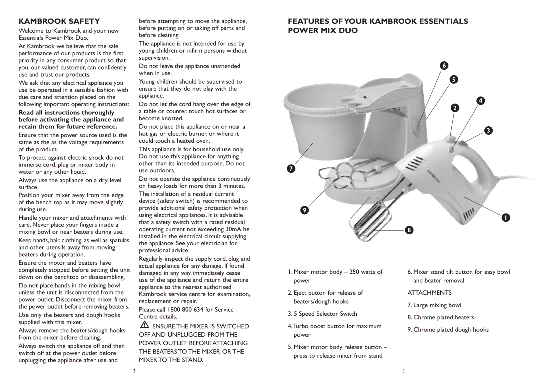 Kambrook KSM25 manual Kambrook Safety, Features of Your Kambrook Essentials Power MIX DUO 