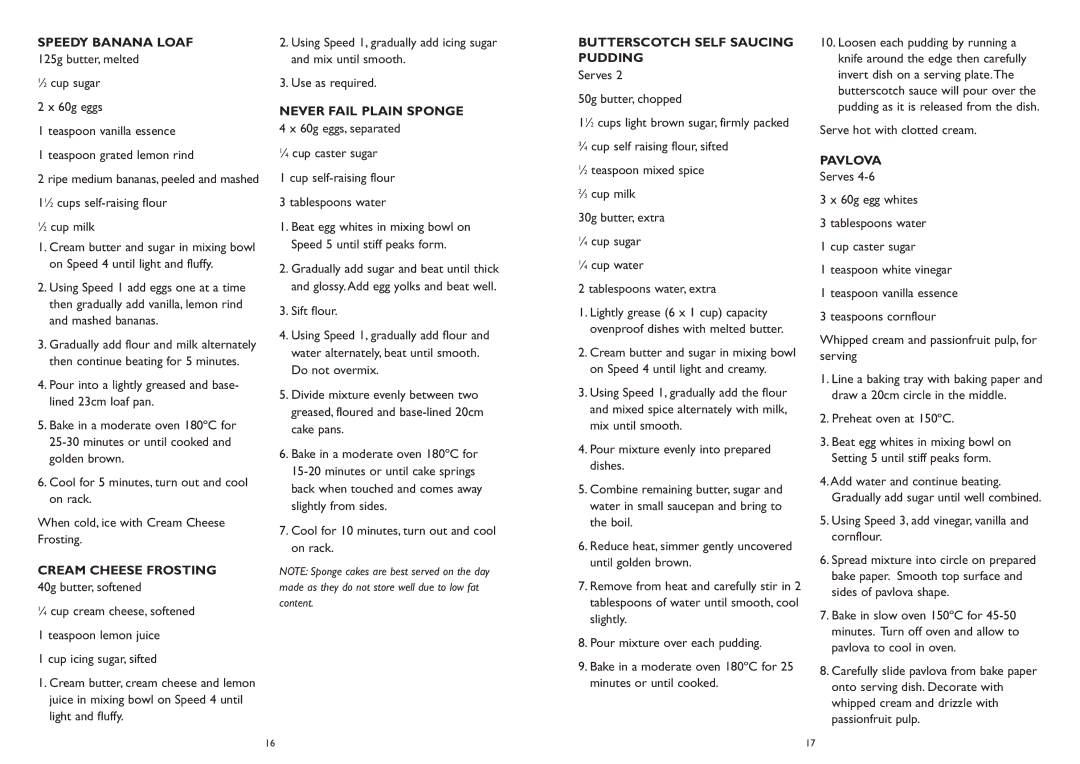 Kambrook KSM25 manual Speedy Banana Loaf, Cream Cheese Frosting, Never Fail Plain Sponge, Butterscotch Self Saucing Pudding 