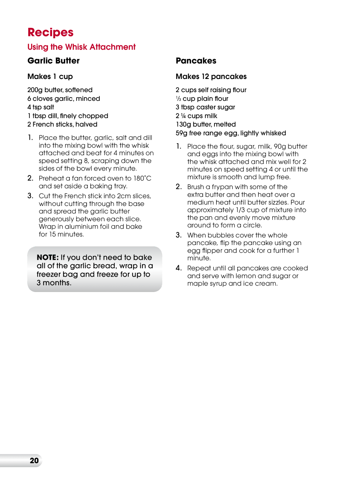 Kambrook KSM500 manual Garlic Butter, Pancakes, Makes 1 cup, Makes 12 pancakes 