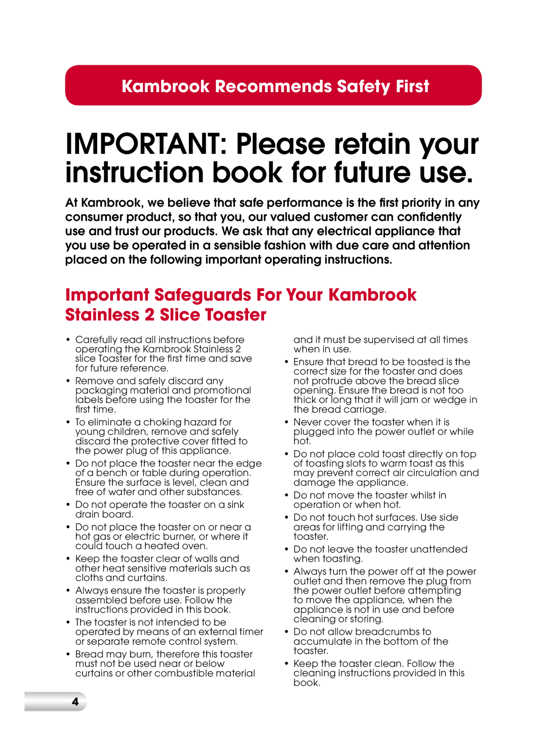 Kambrook KT110 manual Important Please retain your instruction book for future use 