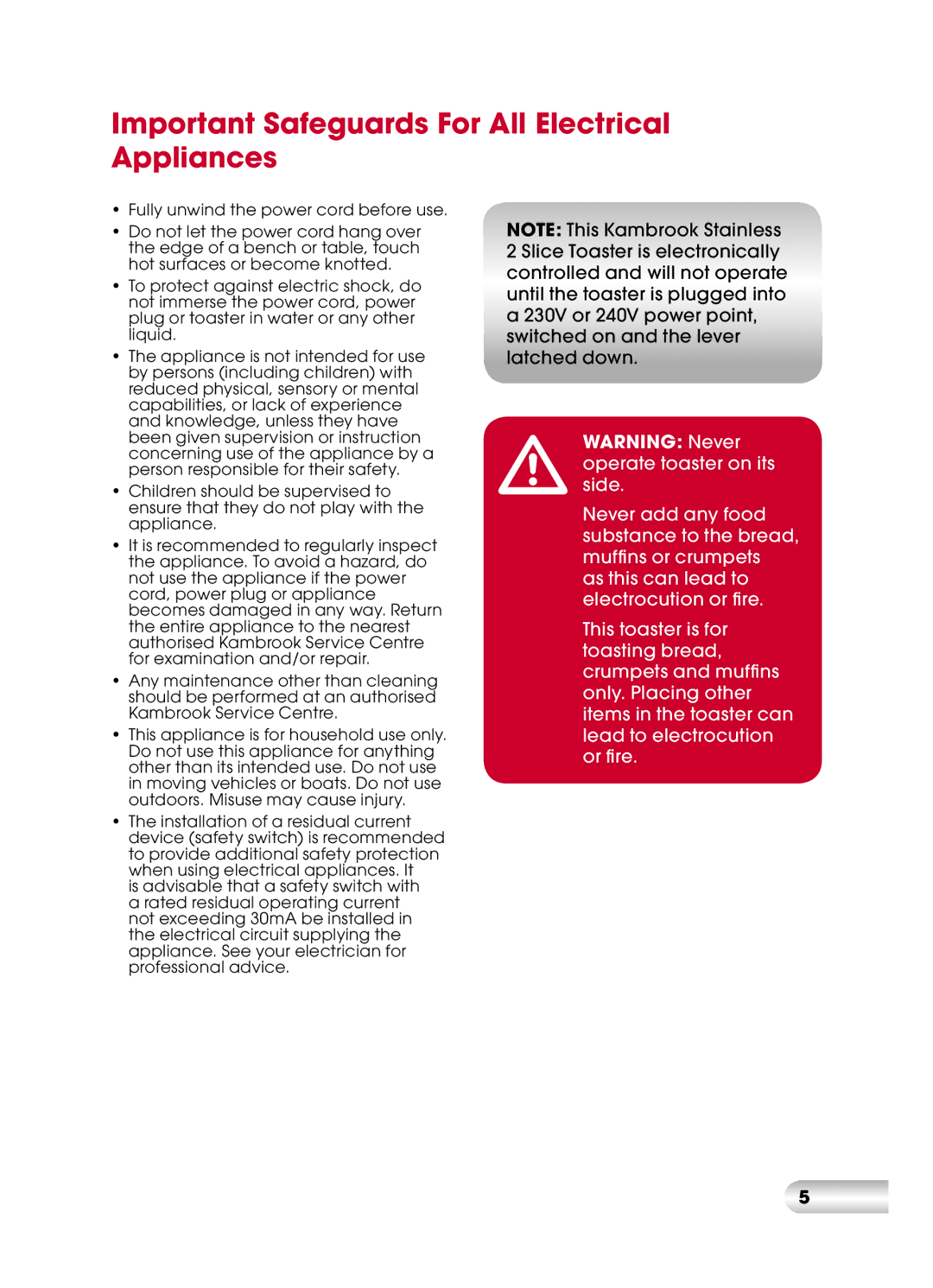 Kambrook KT110 manual Important Safeguards For All Electrical Appliances 