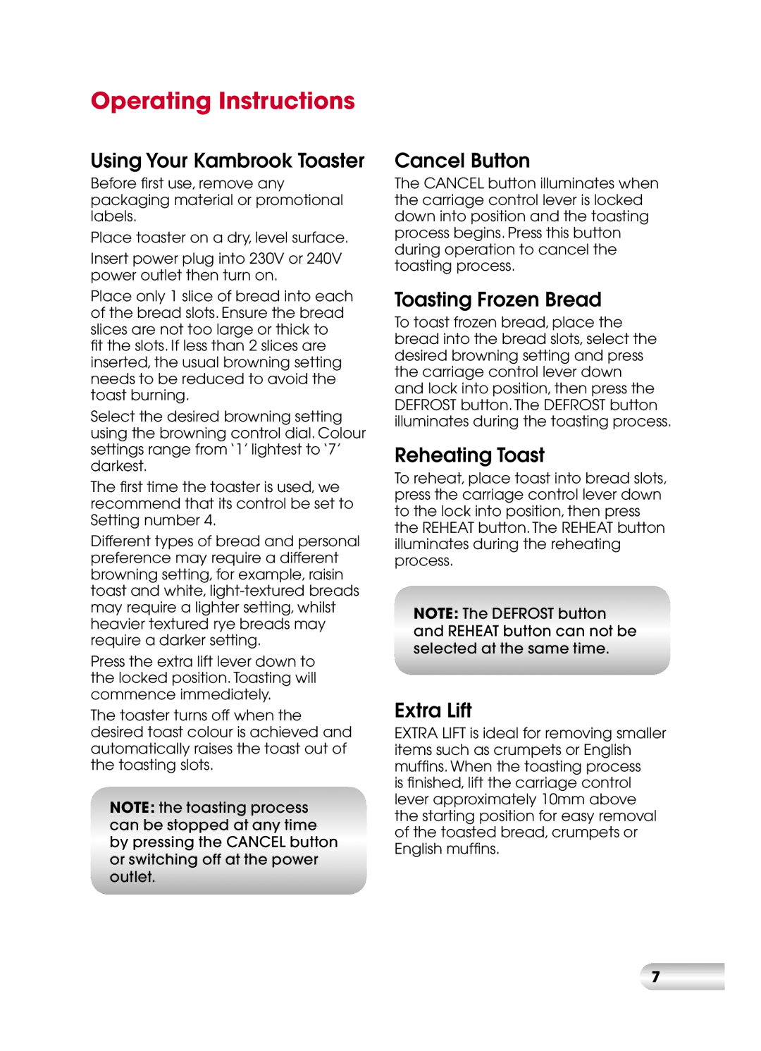 Kambrook KT110 manual Operating Instructions, Using Your Kambrook Toaster 