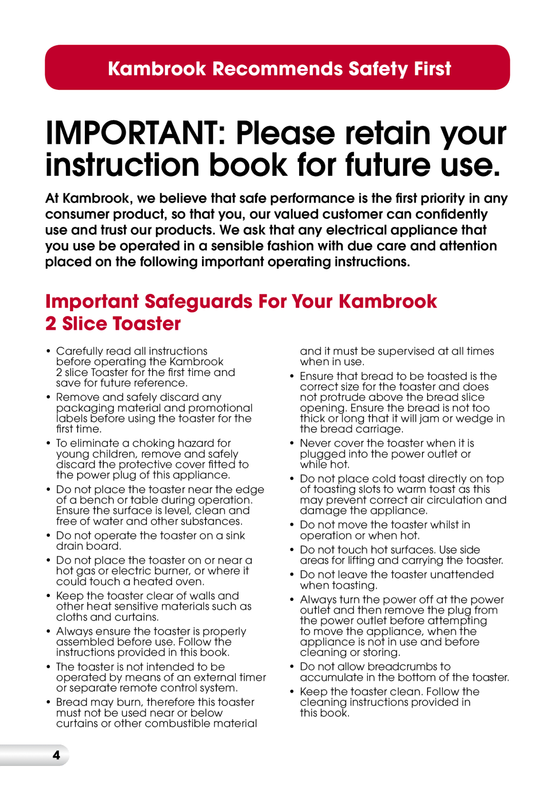 Kambrook KT220 manual Important Safeguards For Your Kambrook 2 Slice Toaster 