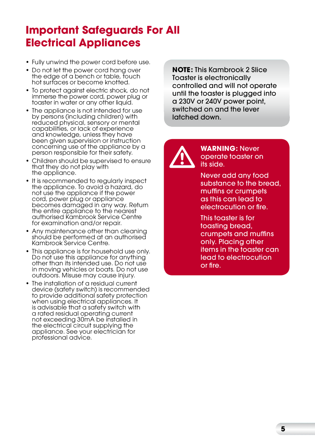 Kambrook KT220 manual Important Safeguards For All Electrical Appliances 