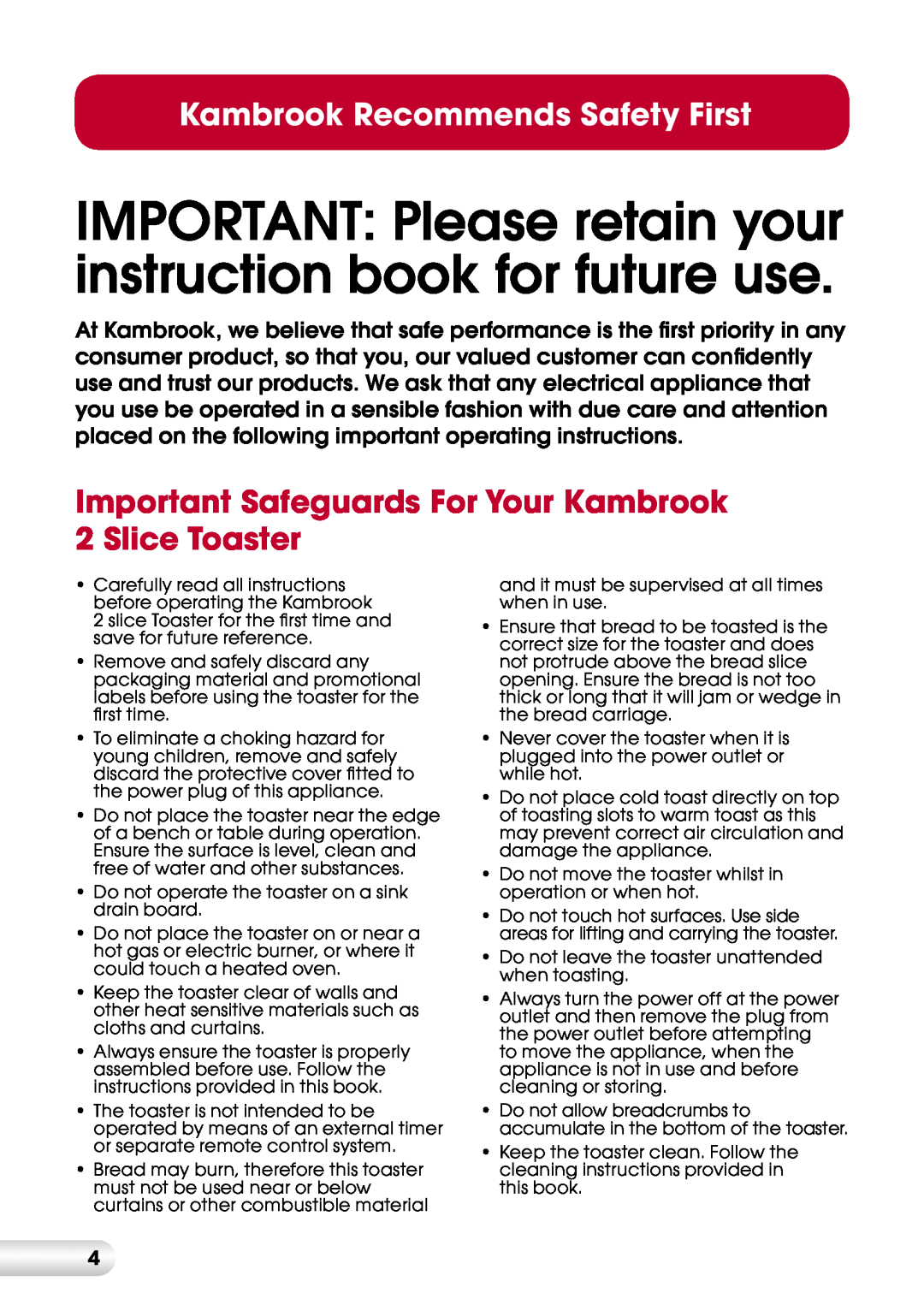 Kambrook KT220 manual Kambrook Recommends Safety First 