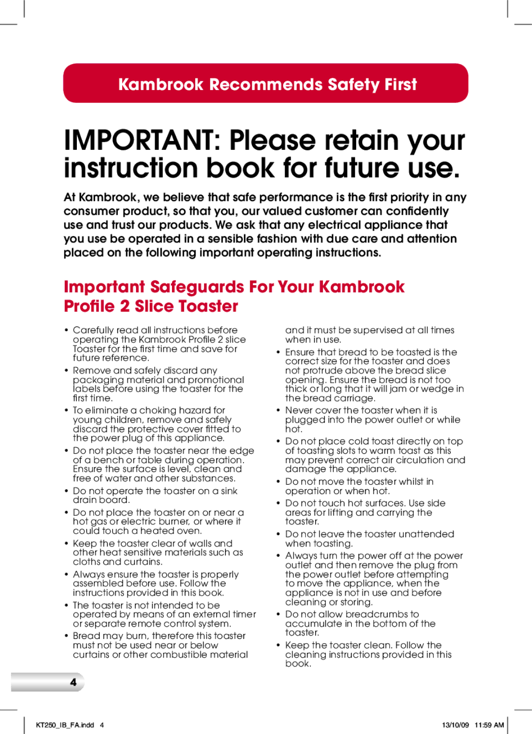 Kambrook KT250 manual Important Please retain your instruction book for future use 