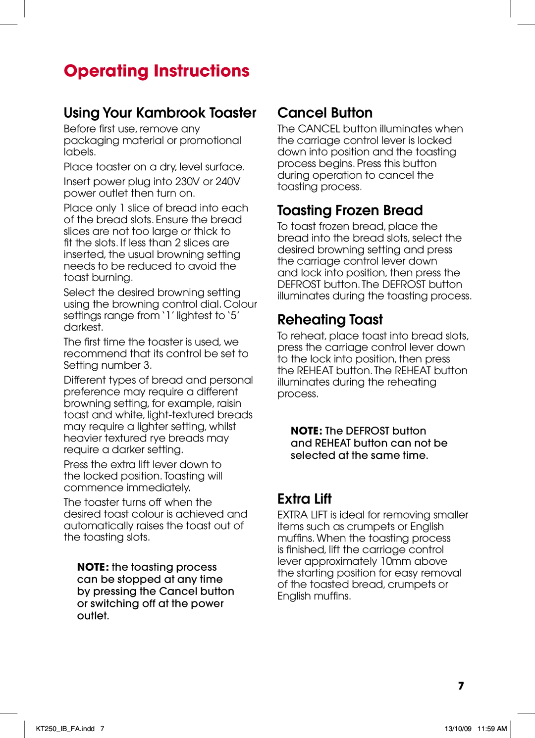 Kambrook KT250 manual Operating Instructions, Using Your Kambrook Toaster 