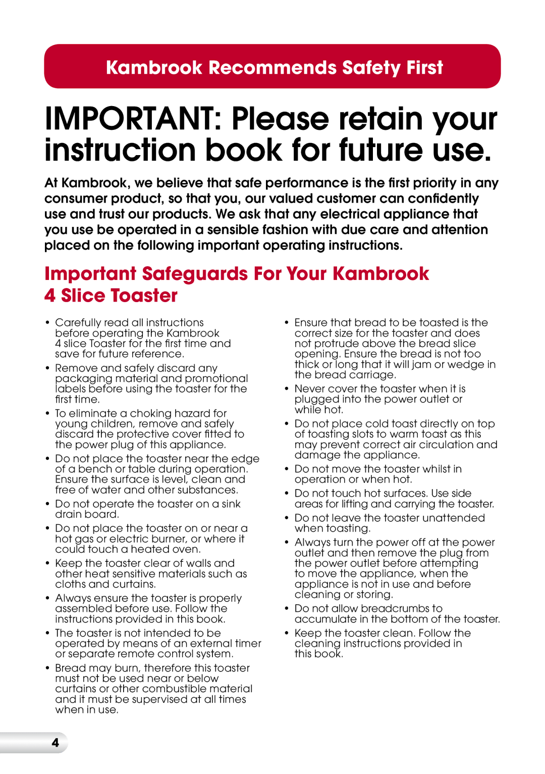 Kambrook KT420 manual Important Safeguards For Your Kambrook 4 Slice Toaster 