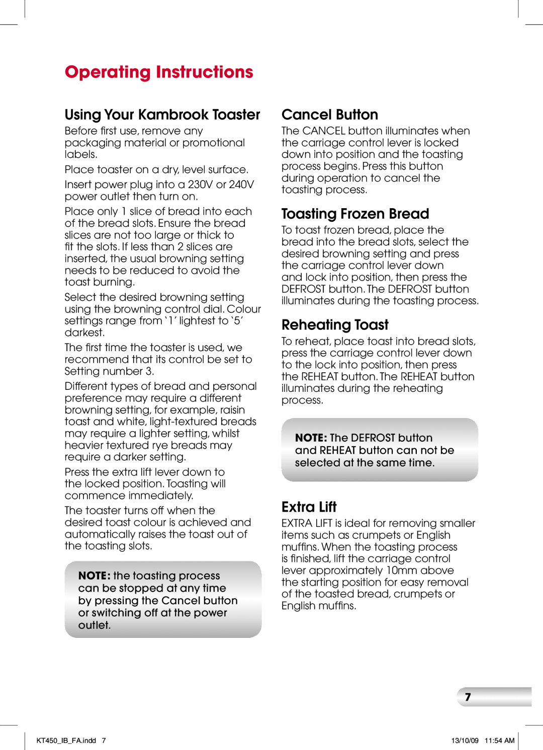 Kambrook KT450 manual Operating Instructions, Using Your Kambrook Toaster 