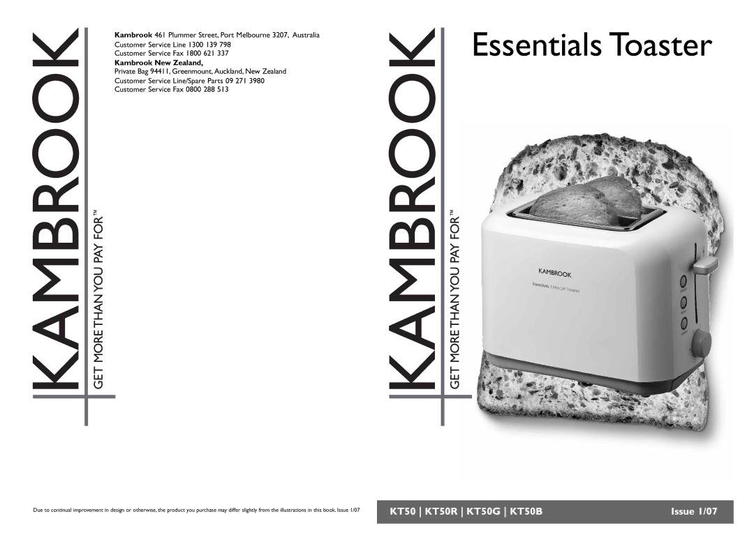 Kambrook KT50G, KT50R, KT50B manual Essentials Toaster 