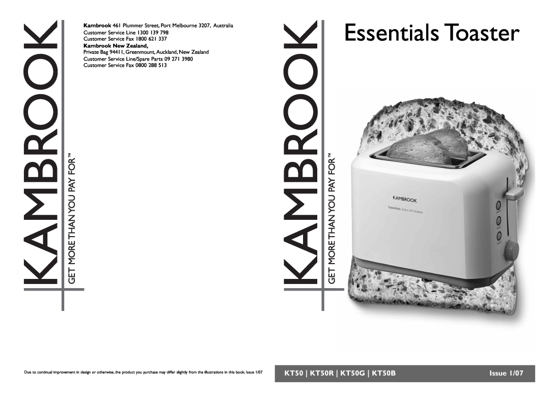 Kambrook manual Essentials Toaster, KT50 KT50R KT50G KT50B, Issue 1/07, Kambrook New Zealand 