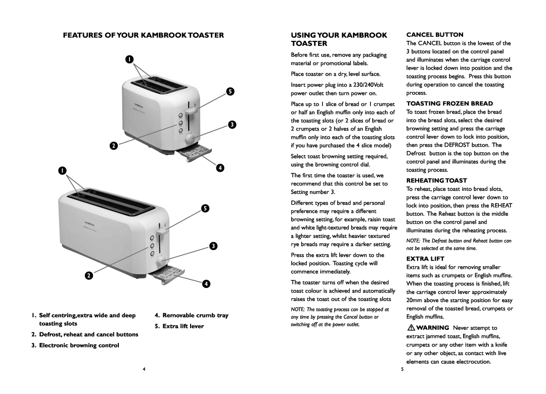 Kambrook KT50 Features Ofyour Kambrook Toaster, Usingyour Kambrook Toaster, Cancel Button, Electronic browning control 