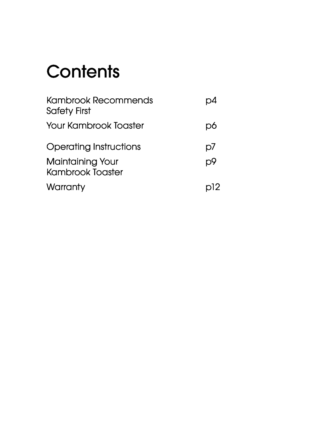 Kambrook KT60 manual Contents 