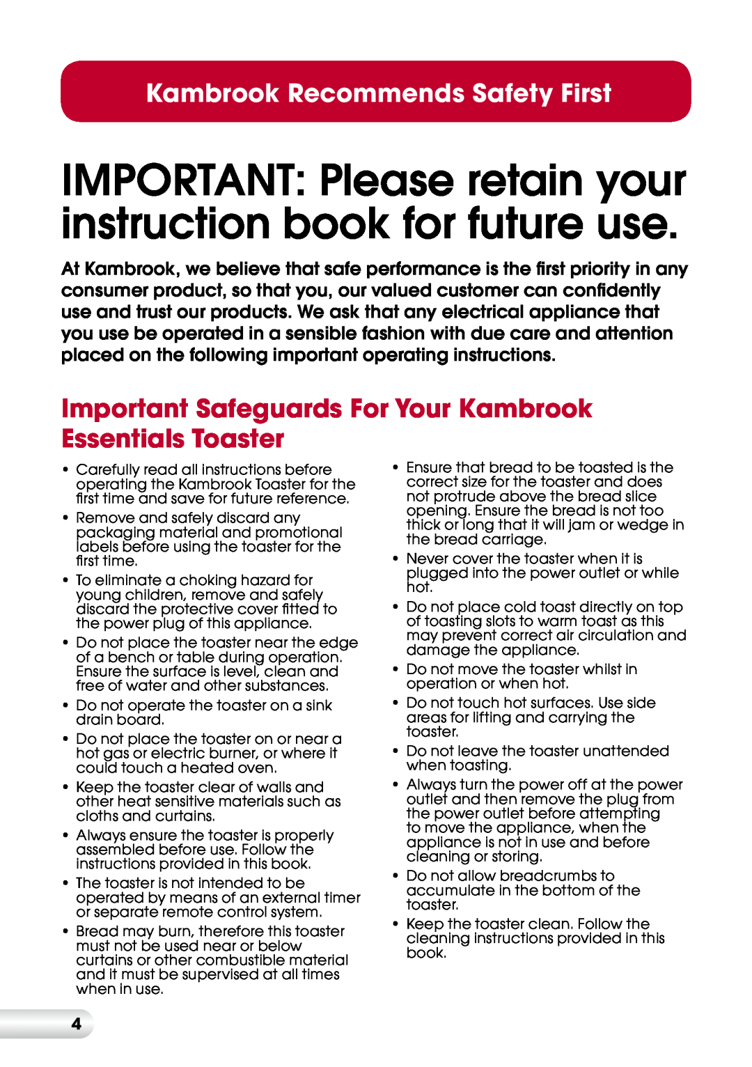 Kambrook KT60 manual Kambrook Recommends Safety First 