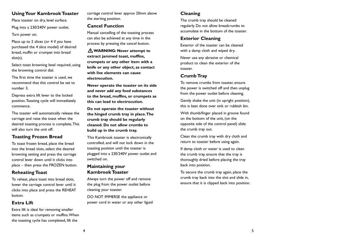 Kambrook KT97 Using Your Kambrook Toaster, Toasting Frozen Bread, Reheating Toast, Extra Lift, Cancel Function, Cleaning 