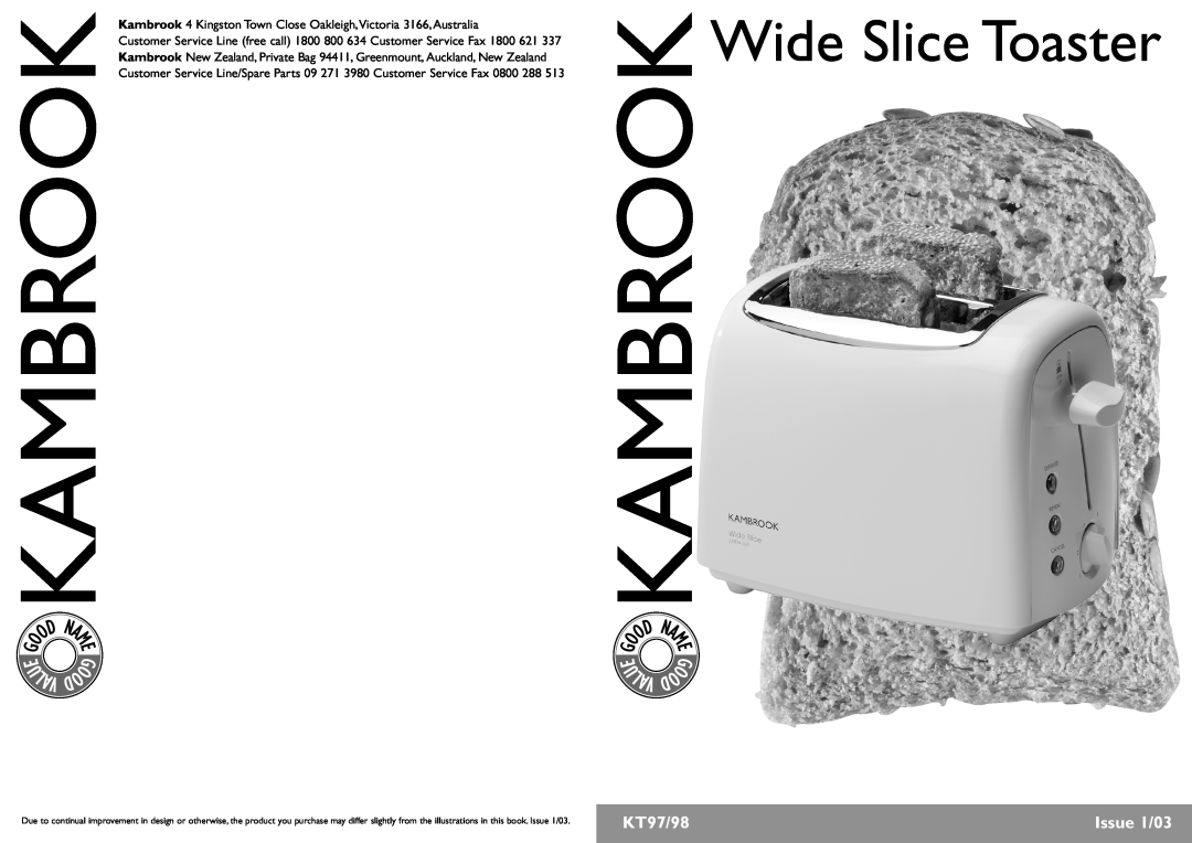 Kambrook manual Wide Slice Toaster, D N, KT97/98, Issue 1/03, U Lav 