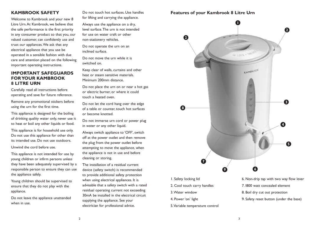 Kambrook KUR10 manual Kambrook Safety, Important Safeguards for Your Kambrook Litre URN 