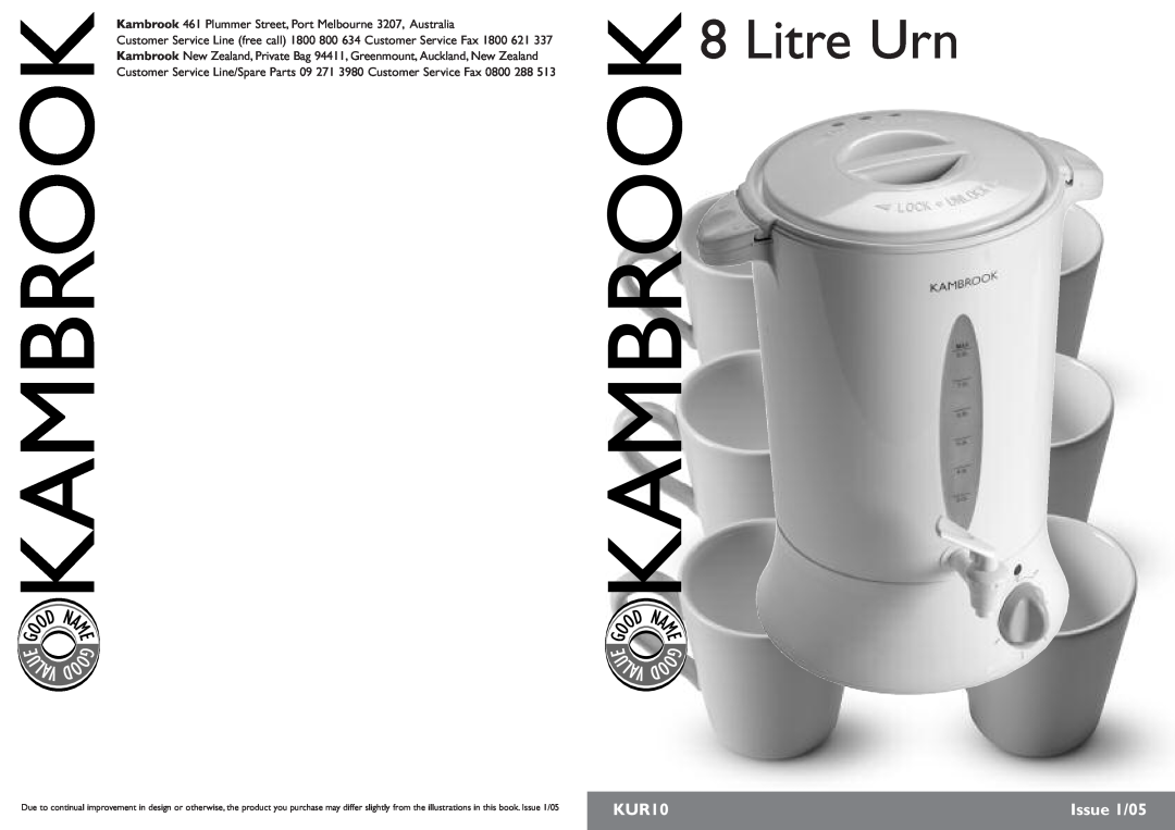 Kambrook KUR10 manual Litre Urn, Issue 1/05, U Lav 