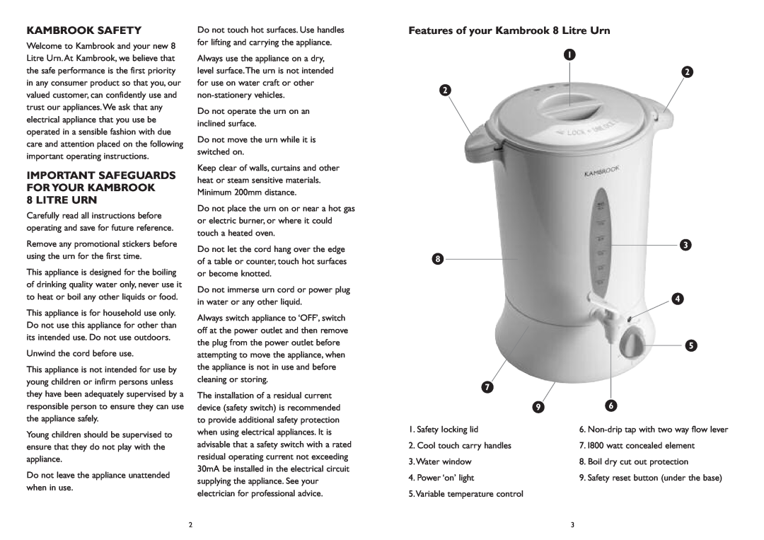 Kambrook KUR10 manual Kambrook Safety, Features of your Kambrook 8 Litre Urn, Important Safeguards For Your Kambrook 