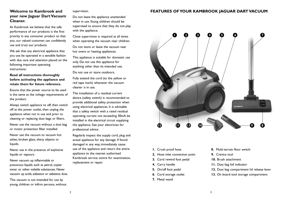 Kambrook KVC5 Welcome to Kambrook and your new Jaguar Dart Vacuum Cleaner, Features of Your Kambrook Jaguar Dart Vacuum 