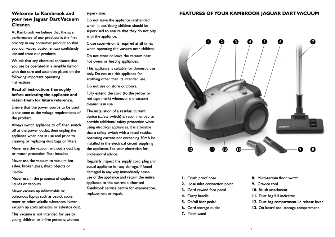 Kambrook KVC5 manual Features Of Your Kambrook Jaguar Dart Vacuum 