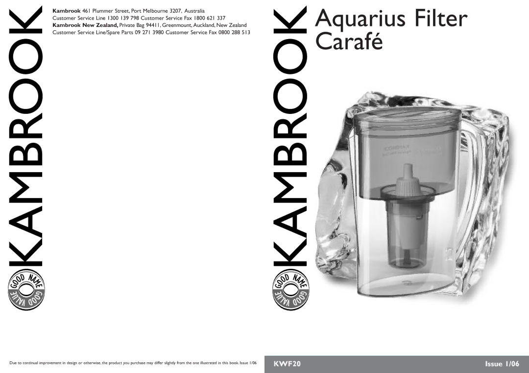 Kambrook KWF20 manual Aquarius Filter Carafé 