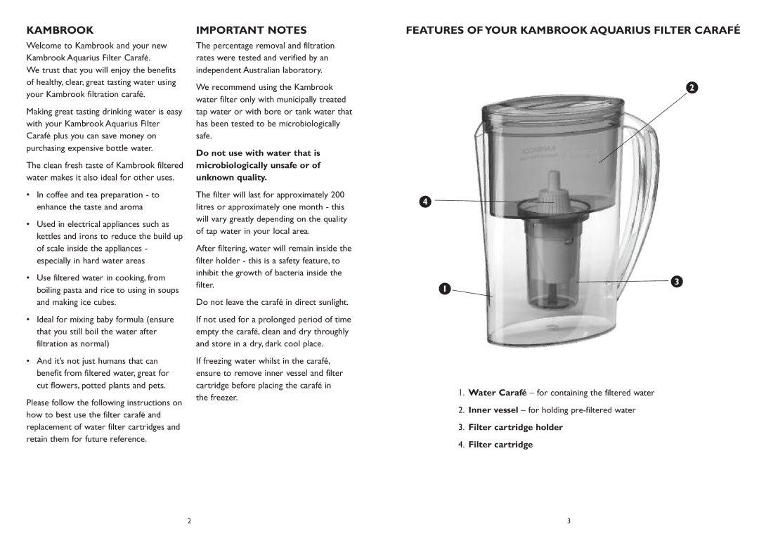 Kambrook KWF20 manual Important Notes, Features of Your Kambrook Aquarius Filter Carafé 