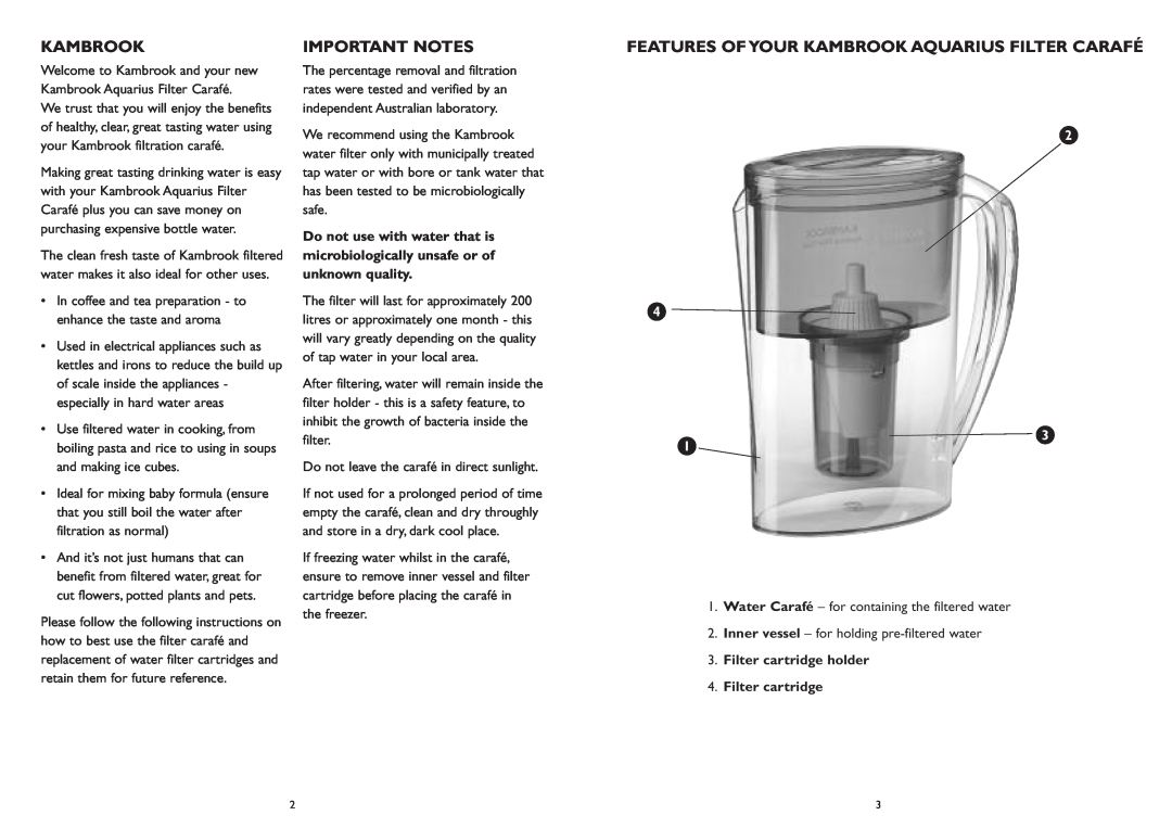 Kambrook KWF20 manual Important Notes, Features Of Your Kambrook Aquarius Filter Carafé 