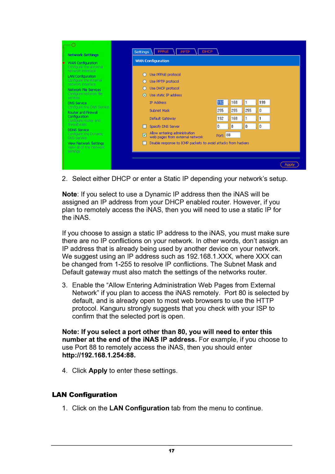 Kanguru Solutions iNAS-100 user manual LAN Configuration 