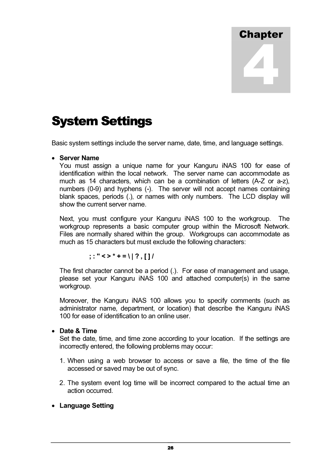 Kanguru Solutions iNAS-100 user manual System Settings, Server Name, + = \ ?, Date & Time, Language Setting 