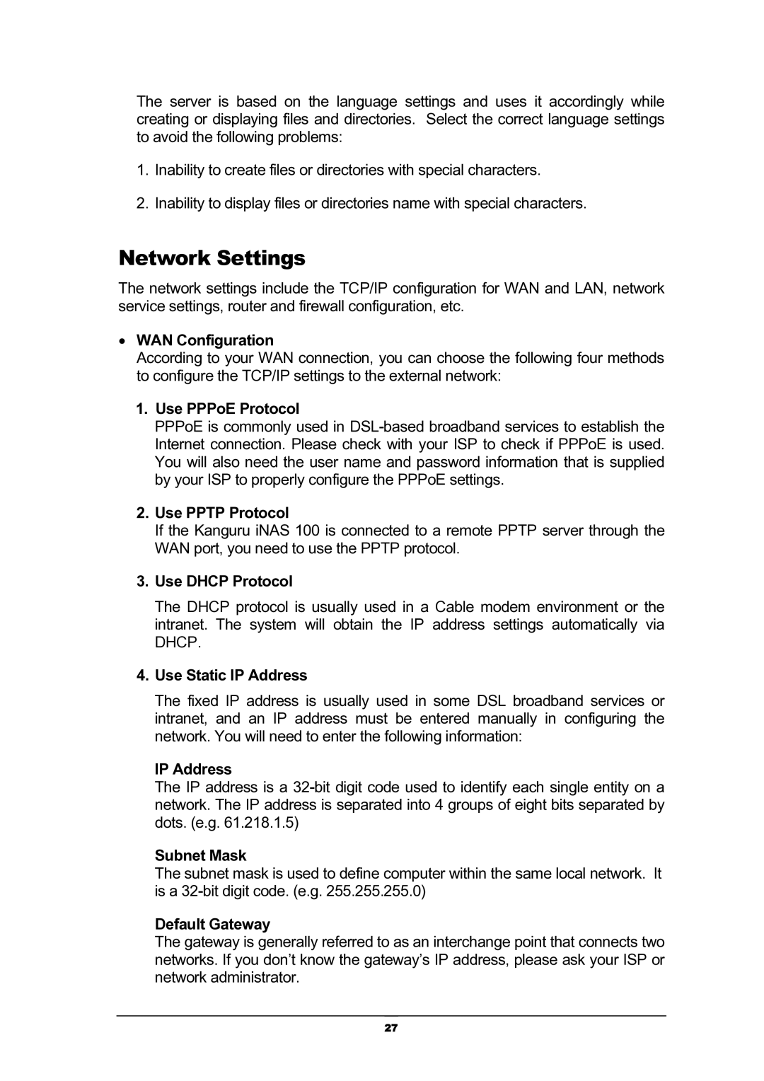 Kanguru Solutions iNAS-100 user manual Network Settings 