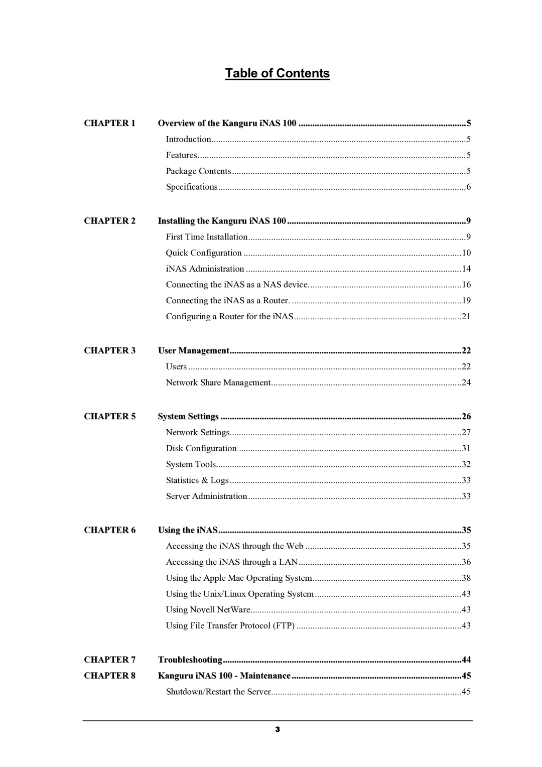 Kanguru Solutions iNAS-100 user manual Table of Contents 