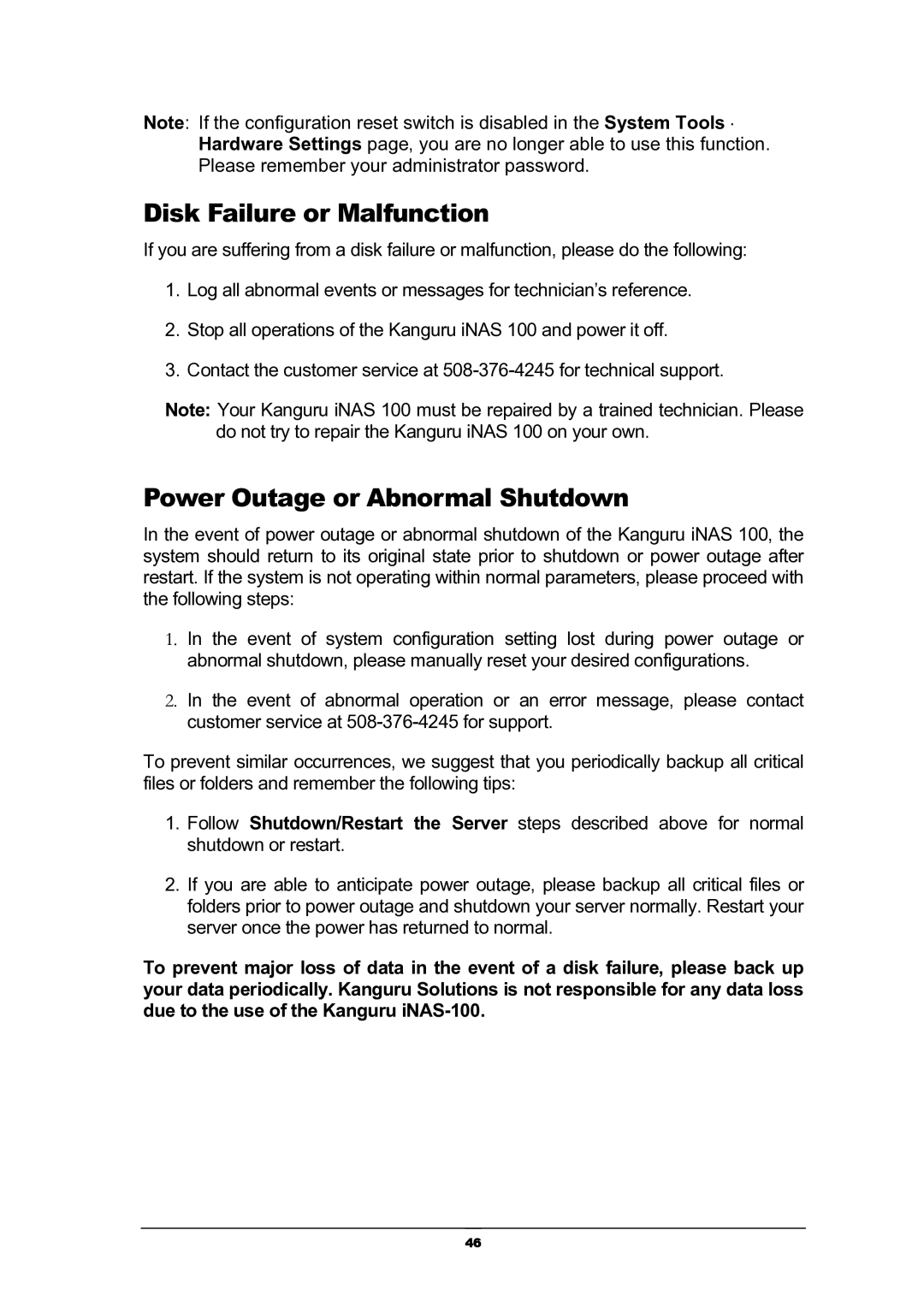 Kanguru Solutions iNAS-100 user manual Disk Failure or Malfunction, Power Outage or Abnormal Shutdown 