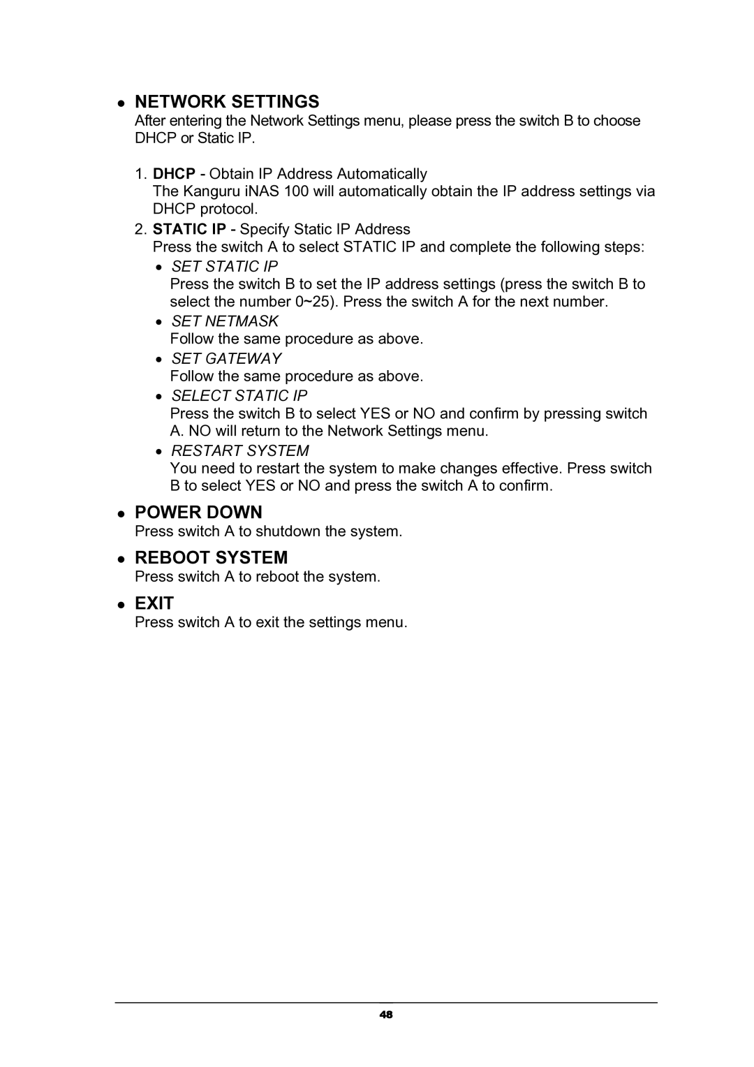 Kanguru Solutions iNAS-100 user manual Power Down 