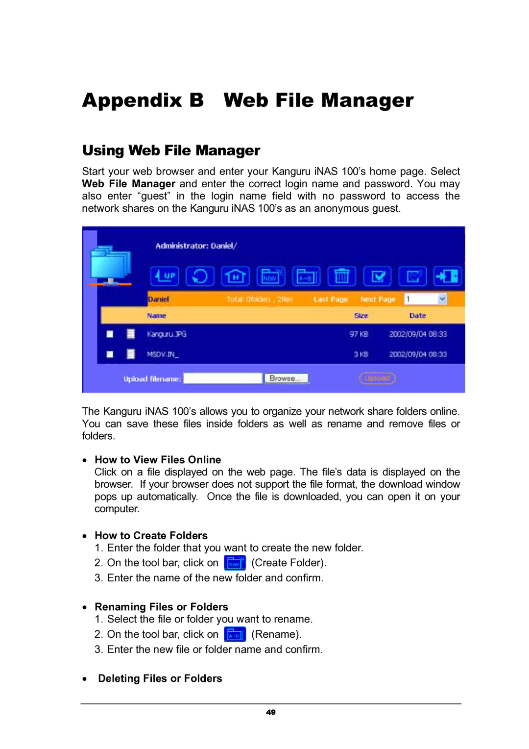 Kanguru Solutions iNAS-100 user manual Appendix B Web File Manager, Using Web File Manager 