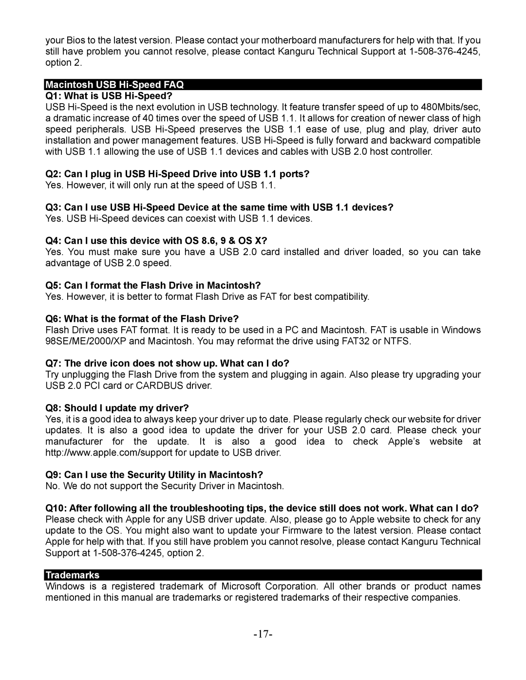 Kanguru Solutions KFD-2G, KFD-512, KFD-4G, KFD-8G, KFD-1G manual Macintosh USB Hi-Speed FAQ, Trademarks 