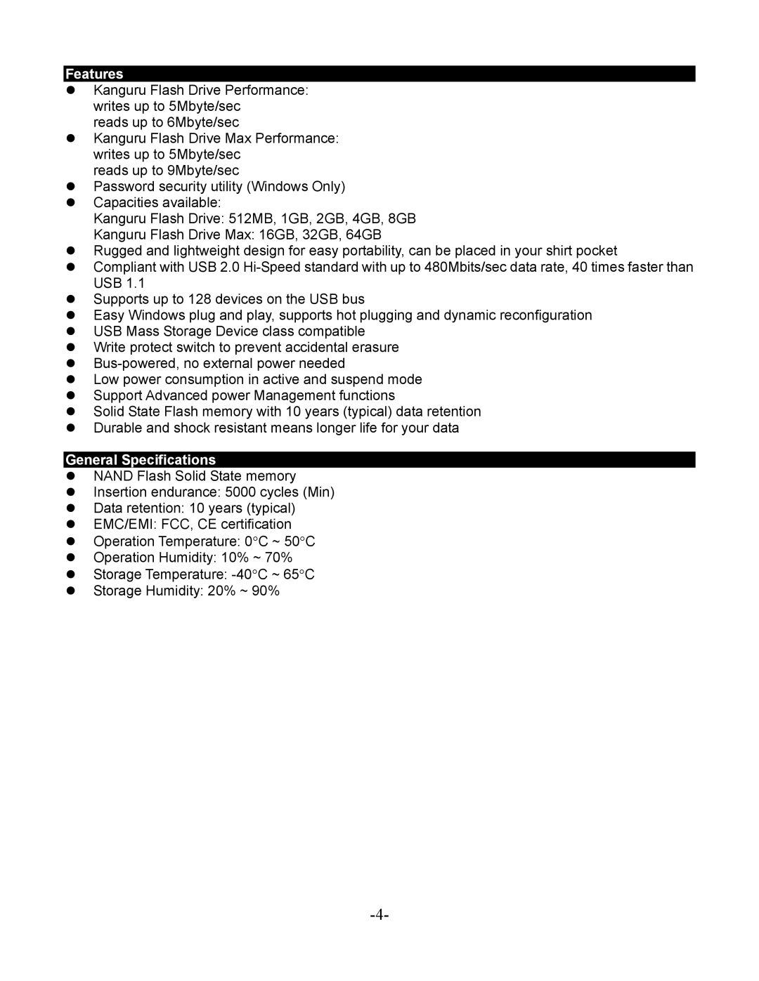 Kanguru Solutions KFD-1G, KFD-512, KFD-4G, KFD-2G, KFD-8G manual Features, General Specifications 