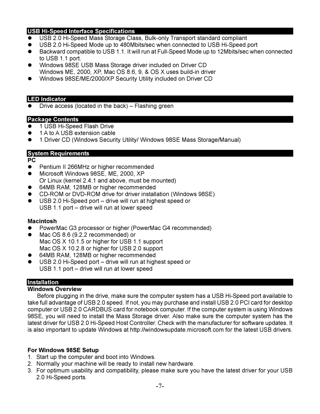 Kanguru Solutions KFD-2G manual USB Hi-Speed Interface Specifications, LED Indicator, Package Contents, System Requirements 