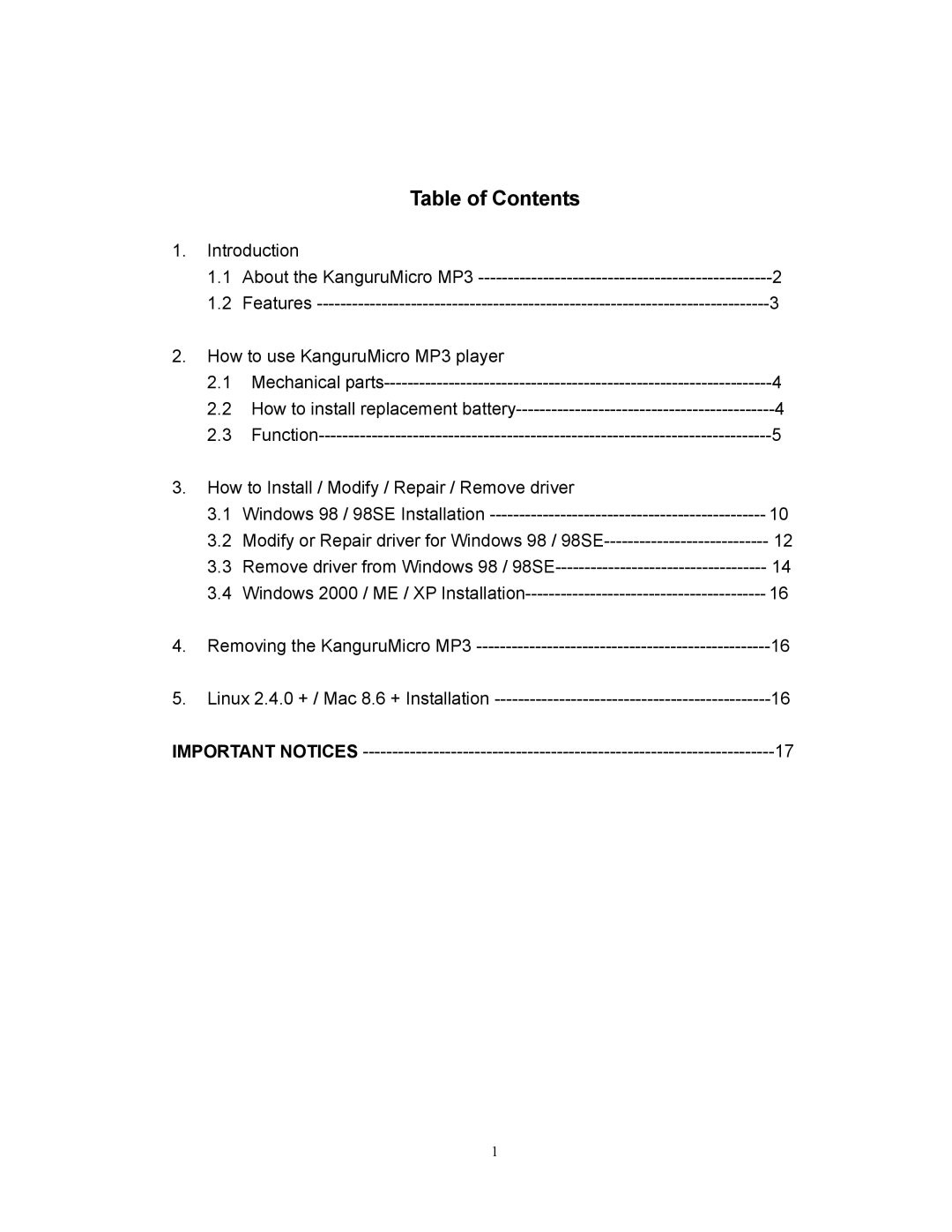 Kanguru Solutions mp3 player and usb flash drive user manual Table of Contents 