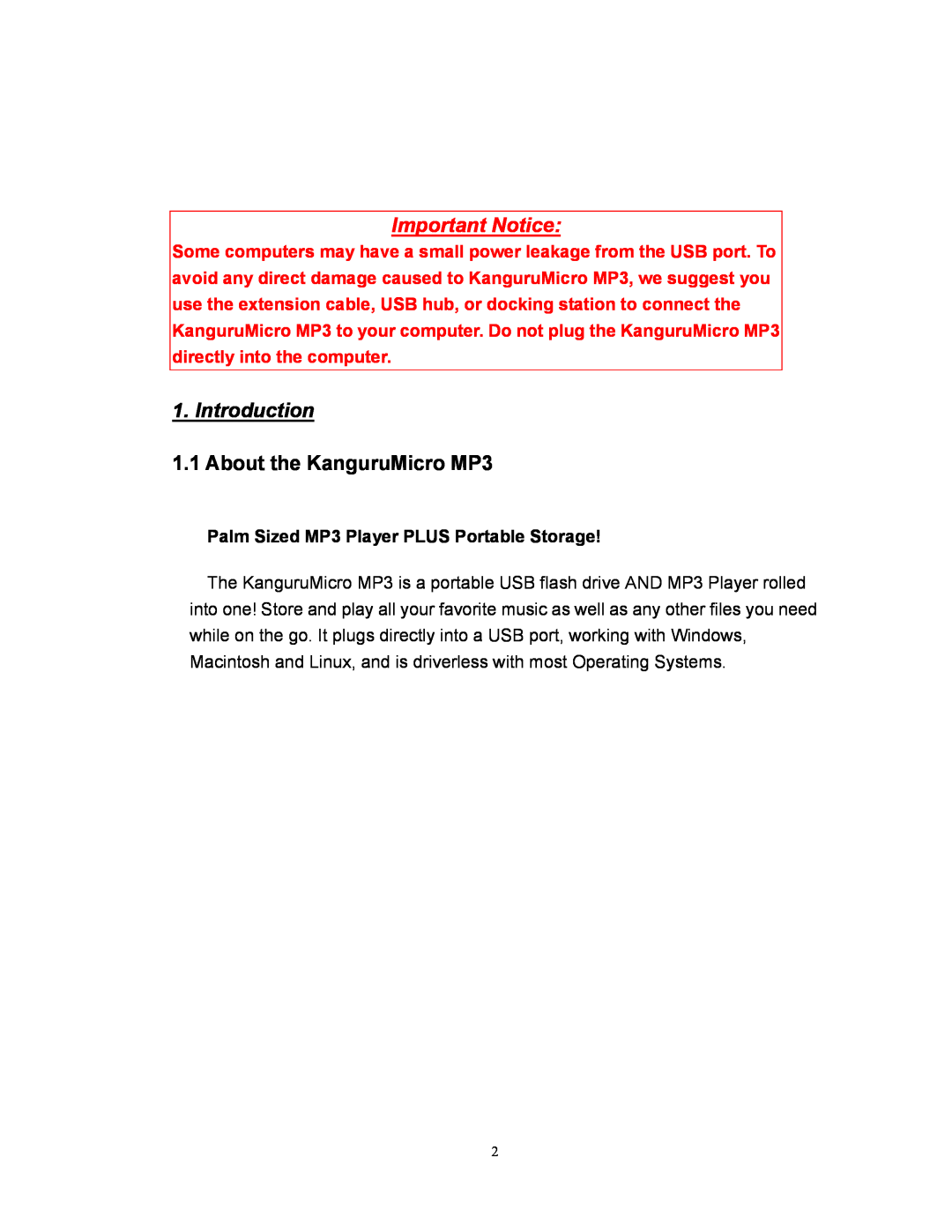 Kanguru Solutions mp3 player and usb flash drive user manual Introduction, About the KanguruMicro MP3, Important Notice 