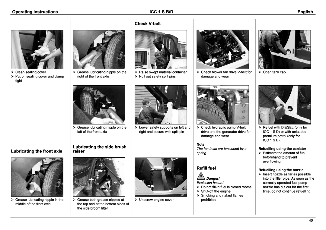 Karcher 1.142-114 manual Refill, spring, Opentankcap, CheckV-belt, English, ICC1SB/D, damageandwar, Operatinginstructions 