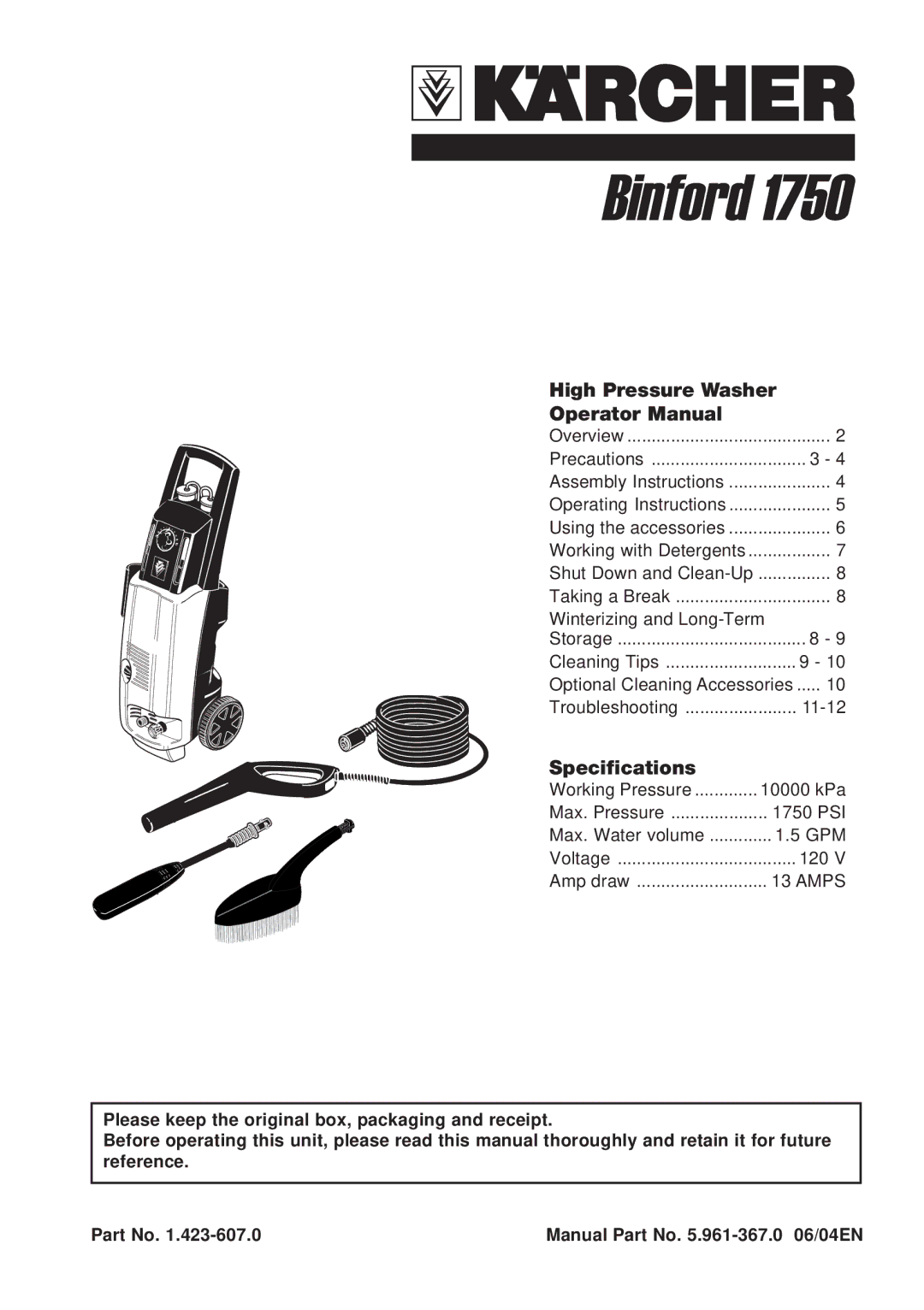 Karcher 1750 specifications High Pressure Washer Operator Manual, Specifications 