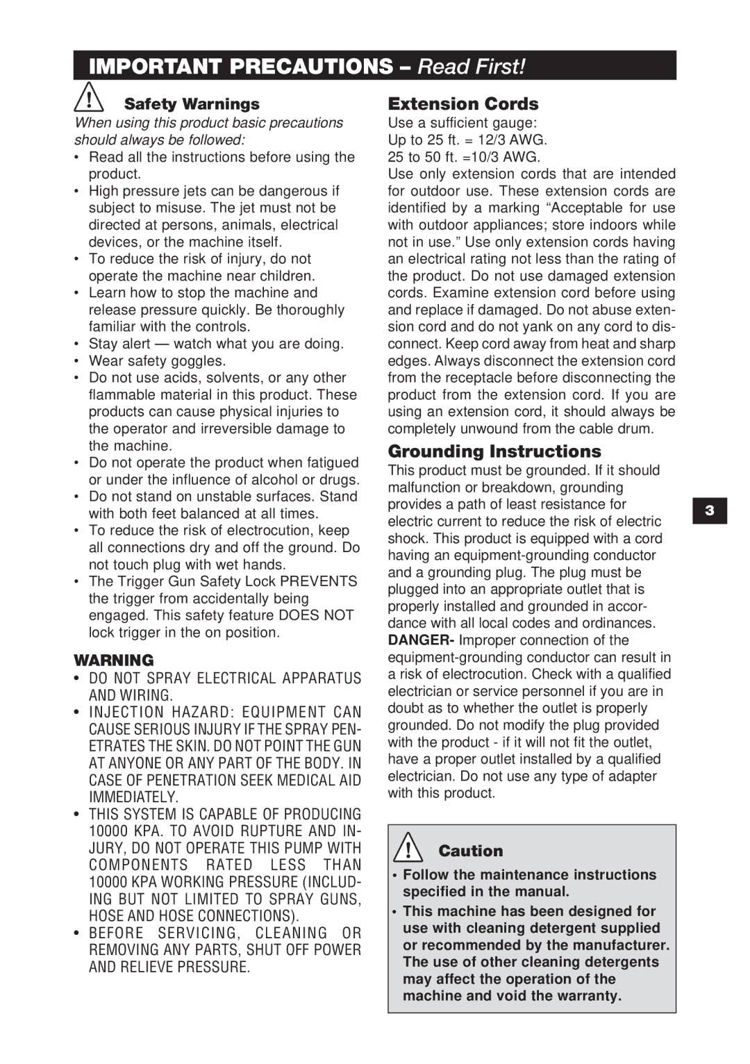 Karcher 1750 specifications Important Precautions Read First, Extension Cords, Grounding Instructions, Safety Warnings 