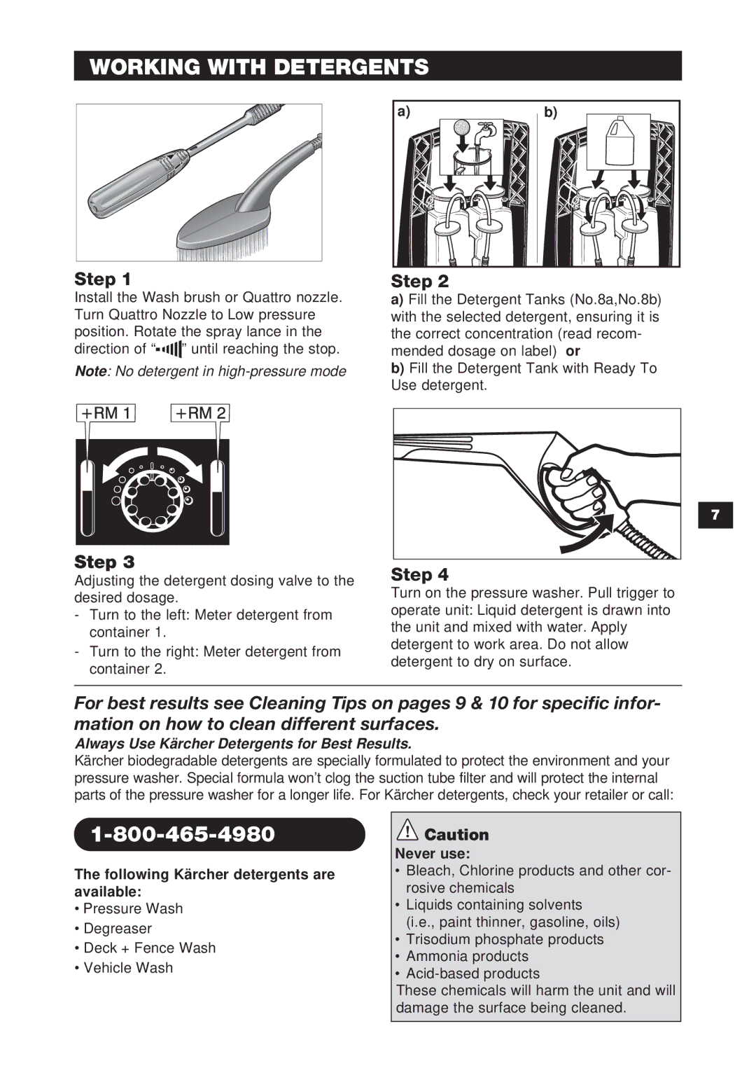 Karcher 1750 specifications Working with Detergents, Step, Following Kärcher detergents are available, Never use 